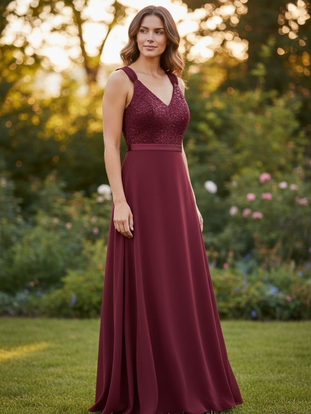 Sequin Bodice V-Neck Burgundy Bridesmaid Dress